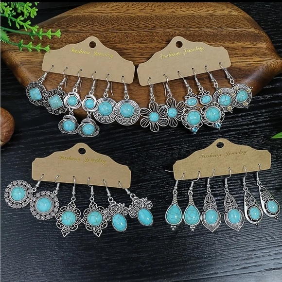 12 Pairs Turquoise Gemstone Boho Drop Earrings - Picture 2 of 7